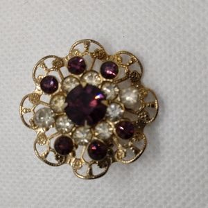 Vintage Filigree Flower Blossom With Deep Purple & Clear Rhinestones Brooch